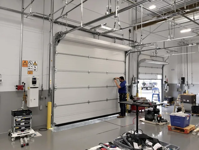 Commercial garage door repair being performed by Granby Garage Door Repair expert in Granby