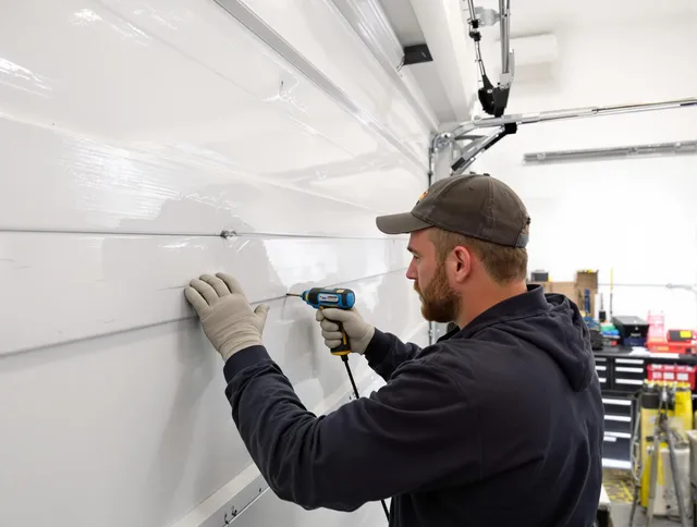 Granby Garage Door Repair technician demonstrating precision dent removal techniques on a Granby garage door