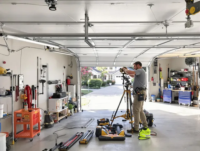 Granby Garage Door Repair specialist performing laser-guided track alignment in Granby